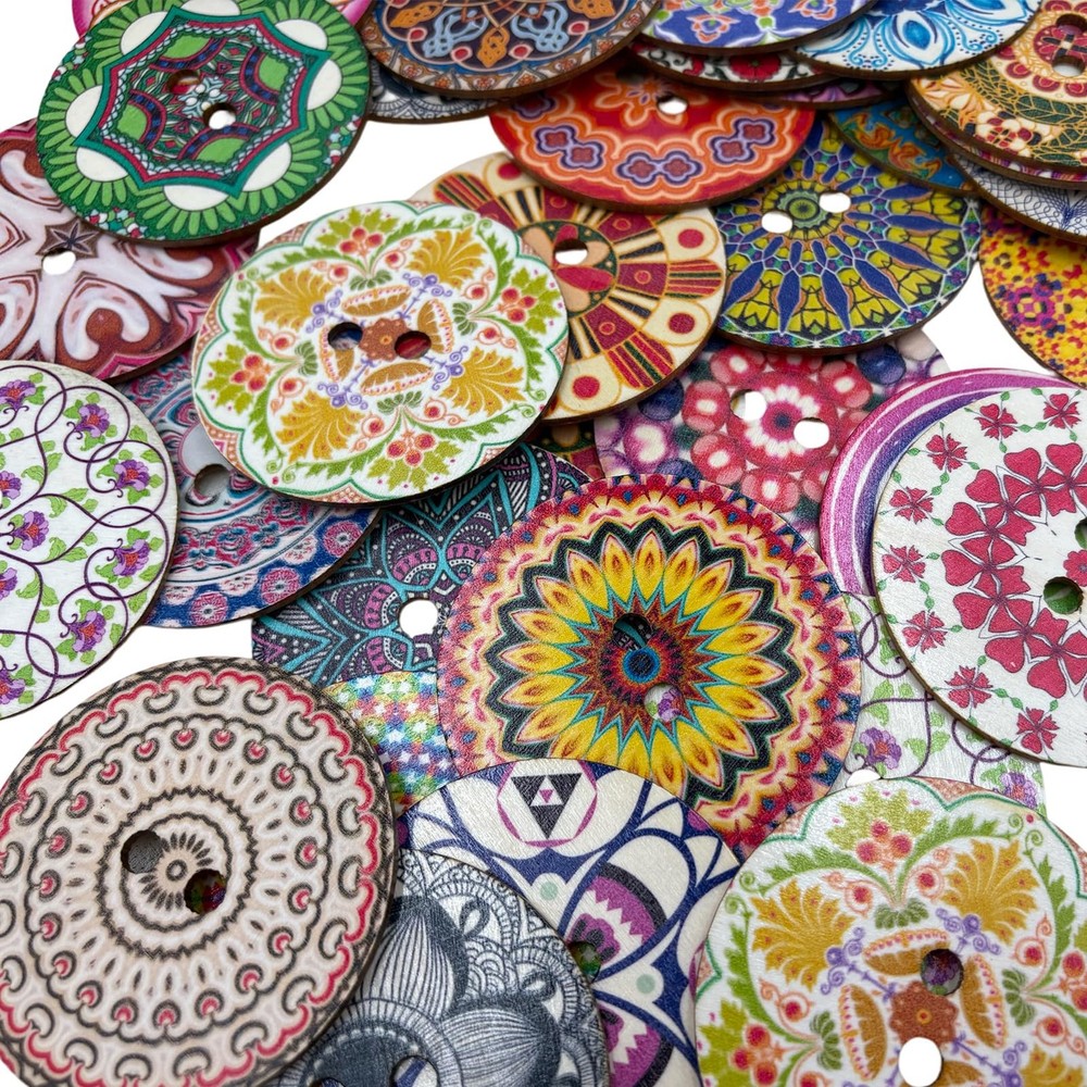 Decorative Wood Buttons with Mandala Patterns, 3 Inch, 20 Pack, Multicolor St...