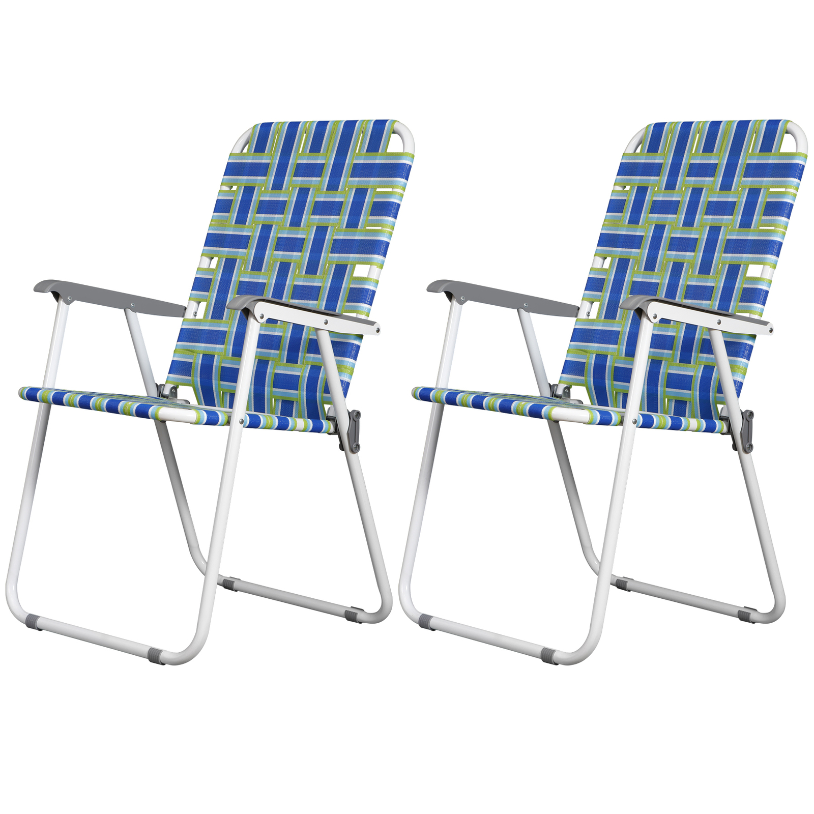 Metal Frame Blue Beach Chairs Set of 2 Webbed Folding Patio Lawn Camping Chairs