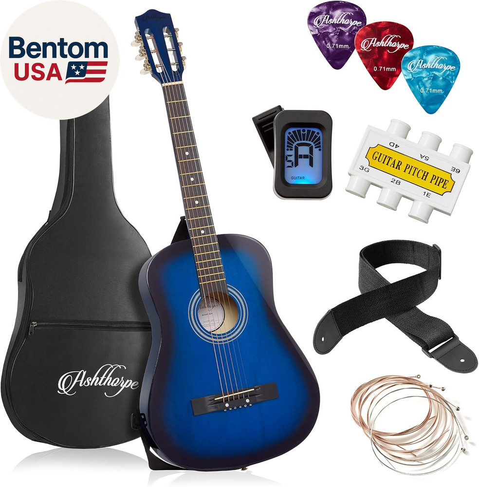 38-Inch Beginner Acoustic Guitar Package (Blue), Basic Starter Kit W/Gig Bag, St