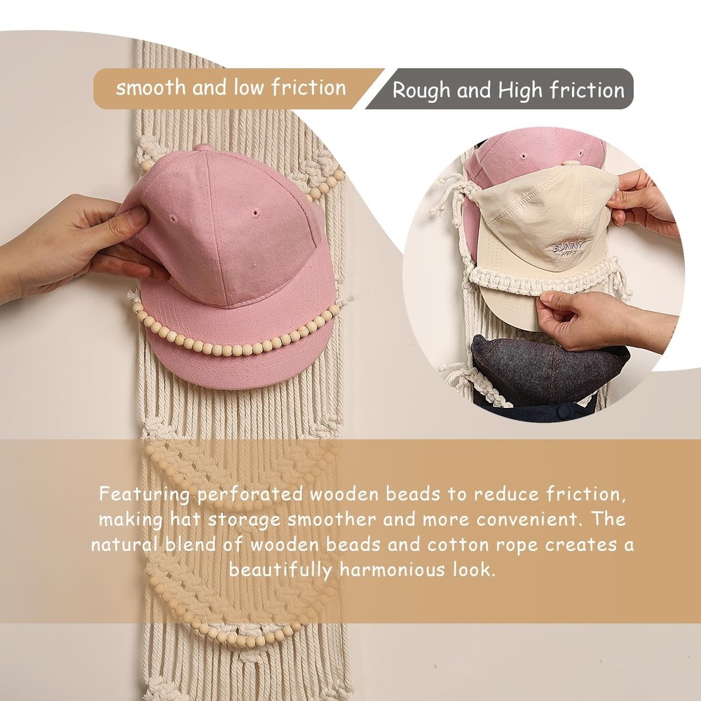 Ball Cap Hanger-1 Pack-Boho Macrame Cap Holder Wall Hat Organizer for Basebal...