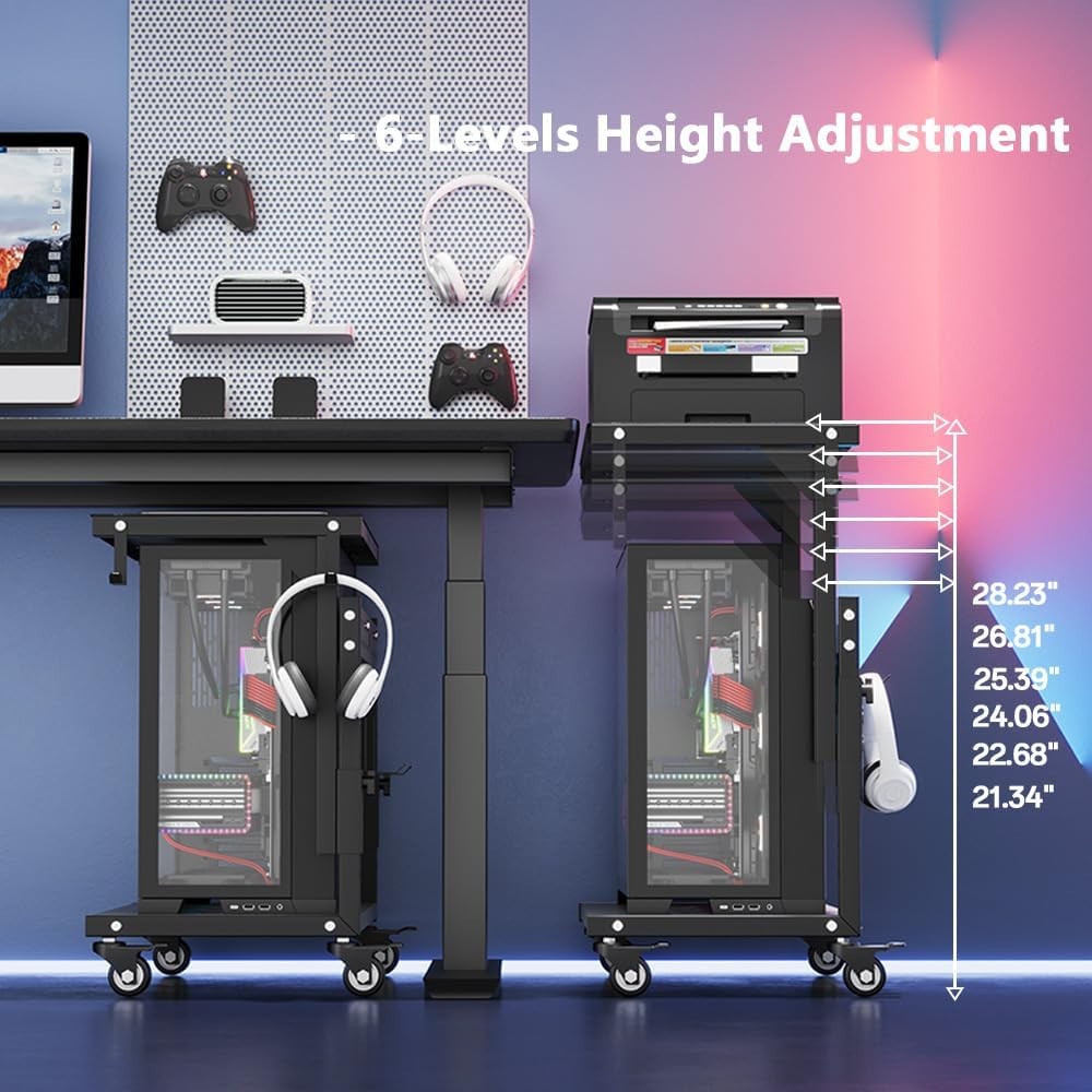 Desktop PC Tower Stand With Wheels Adjustable Height 2 Tier Mobile Computer Cart