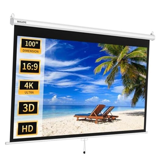 100'' Manual Pull Down Projector Screen, 4K HD Retractable Projection 100 Inch