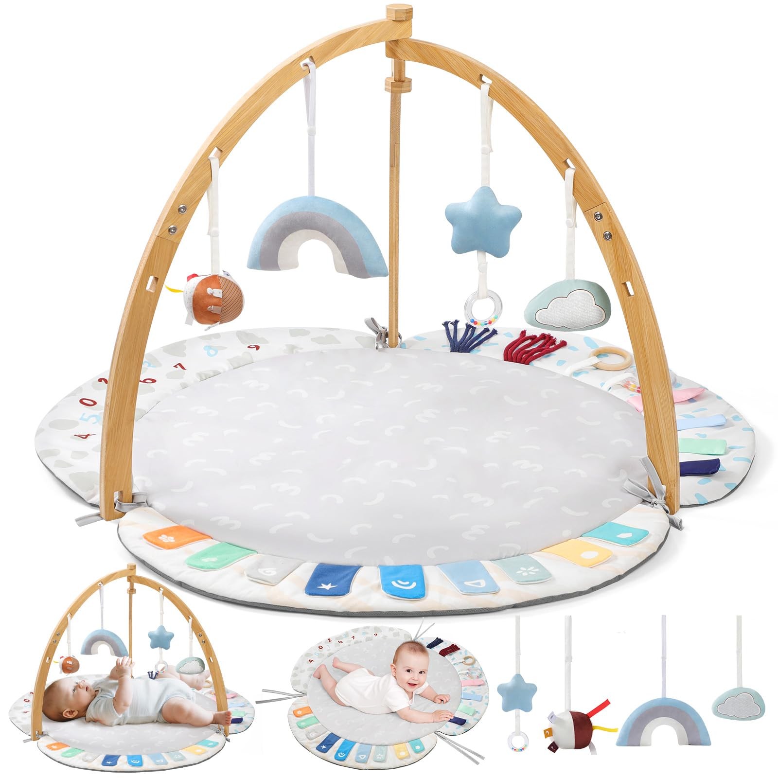 Baby Play Gym & Activity Mat,Natural Organic Bamboo Frame with 4 Detachable S...
