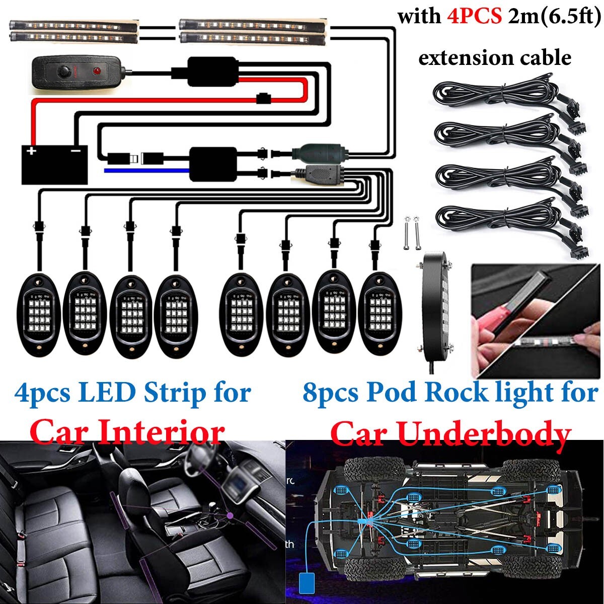 12x RGB LED Pods Rock Light Kit Underbody Glow Neon Lamp Bluetooth Music Control