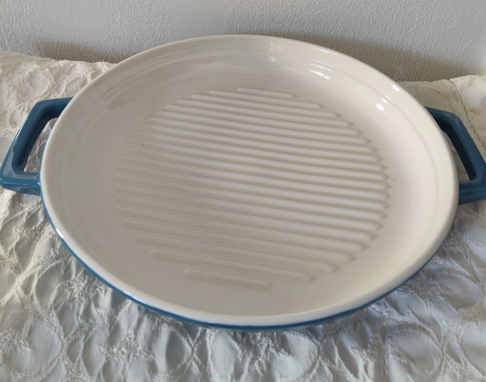 New Ceramic Round Griddle with Handles - Blue and White