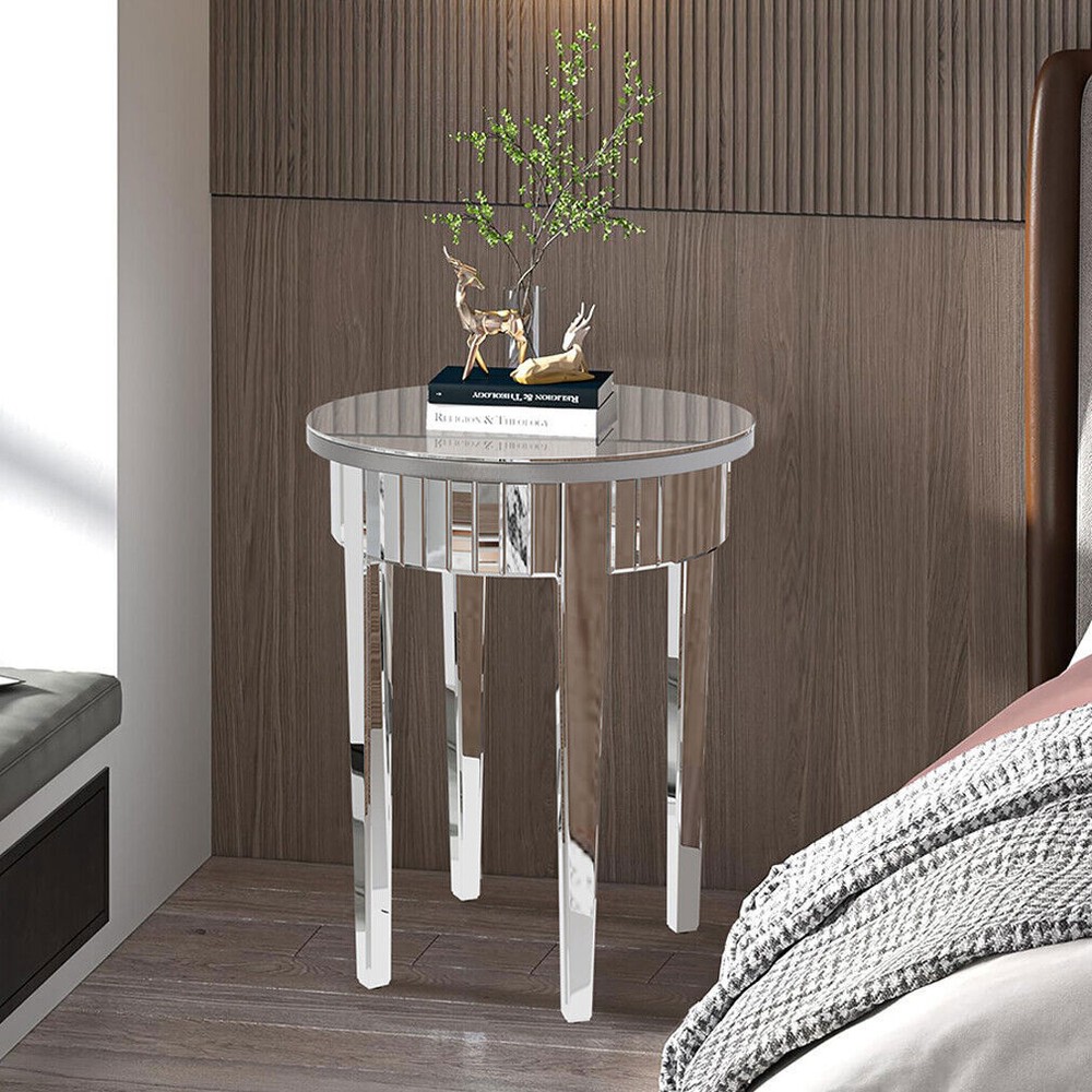 Round Venetian Mirrored Side Table Sofa Bedside Coffee Table Storage Wood Frame