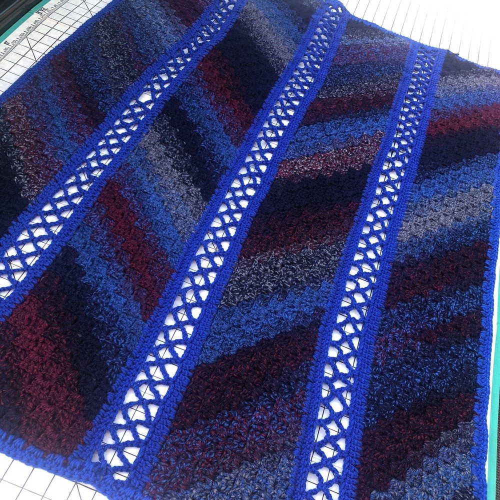 Afghan Blue, Grey, Red & Black 4 Panel 38x48” Throw