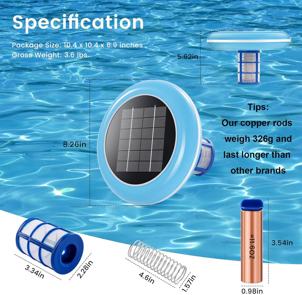 Pool Ionizer Solar Powered,Copper Ionization,Floating Automatic Water Cleaner an