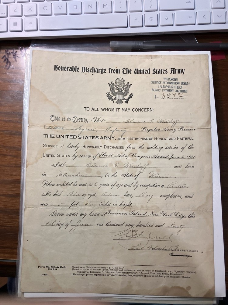 1920 U.S. Army Honorable Discharge   infantry sargent
