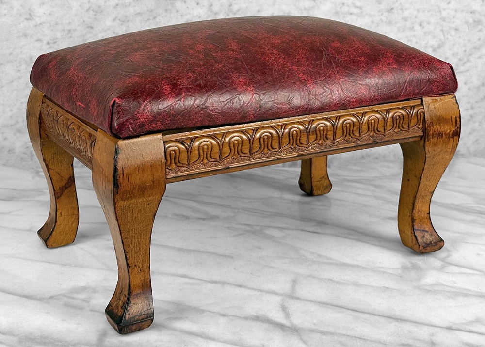 Antique Edwardian Maple Carved Footstool Ottoman