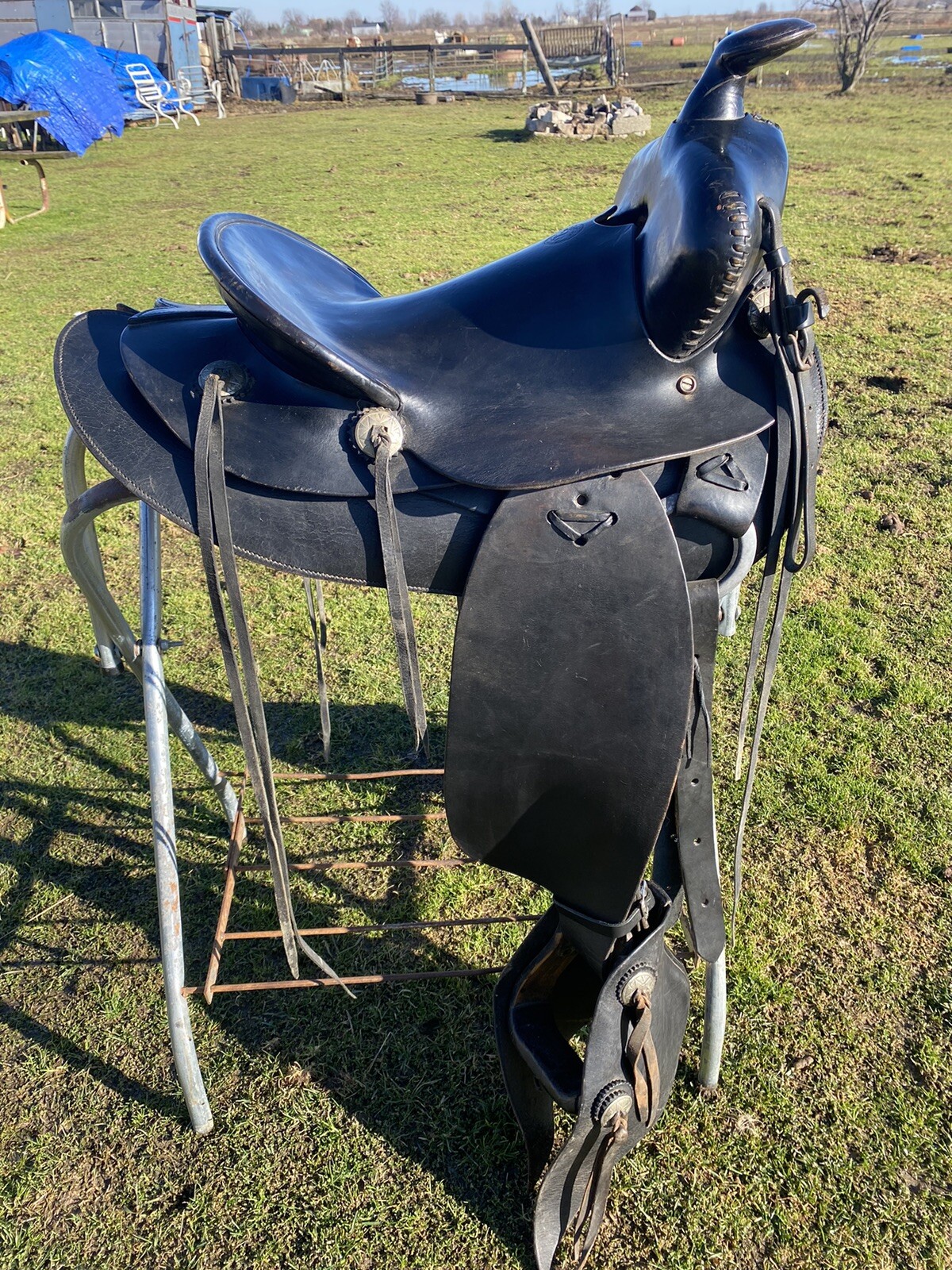 Antique/Vintage J. C. Higgins 15.5” slick seat Western saddle w/tapaderos
