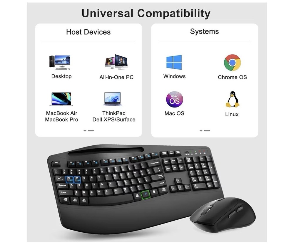 Wireless Keyboard and Mouse Combo, 2.4G Full Size Wave Keys Ergonomic