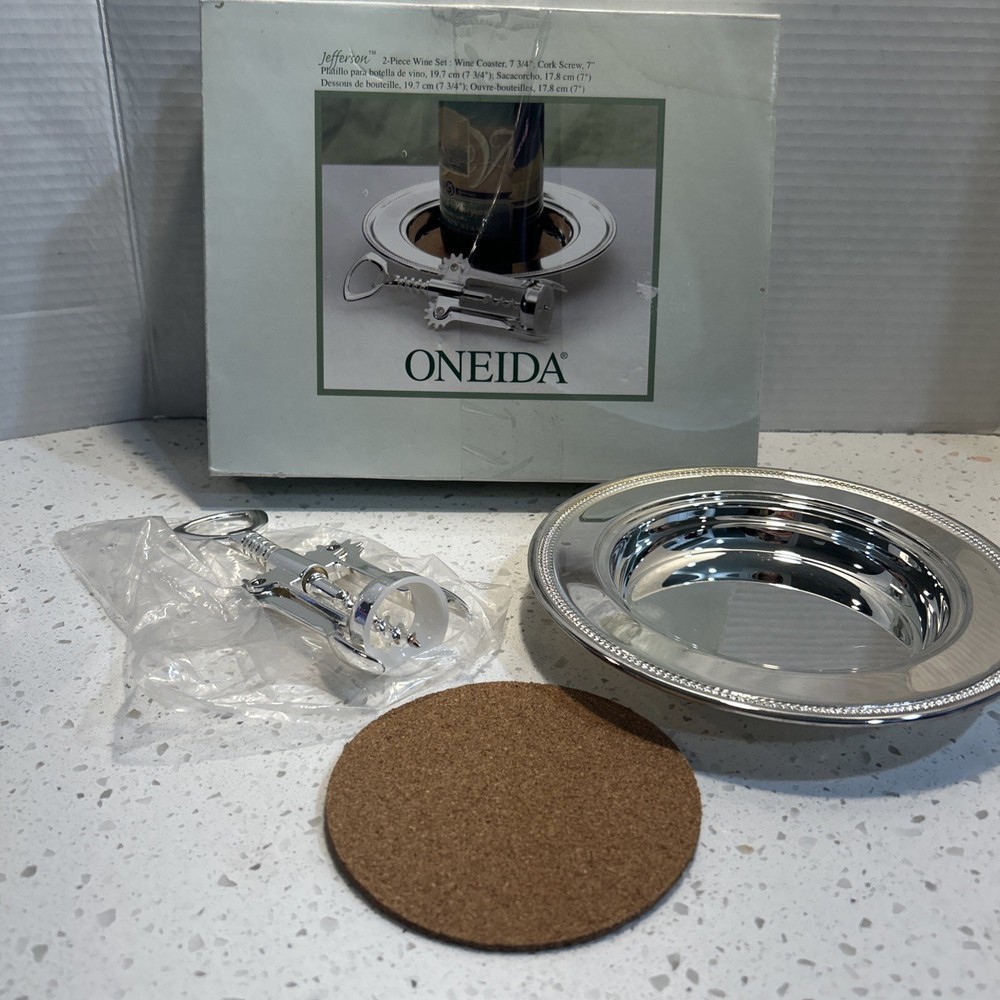 Oneida Wine Corkscrew Silver Plated, Coaster, & Tray Jefferson Set