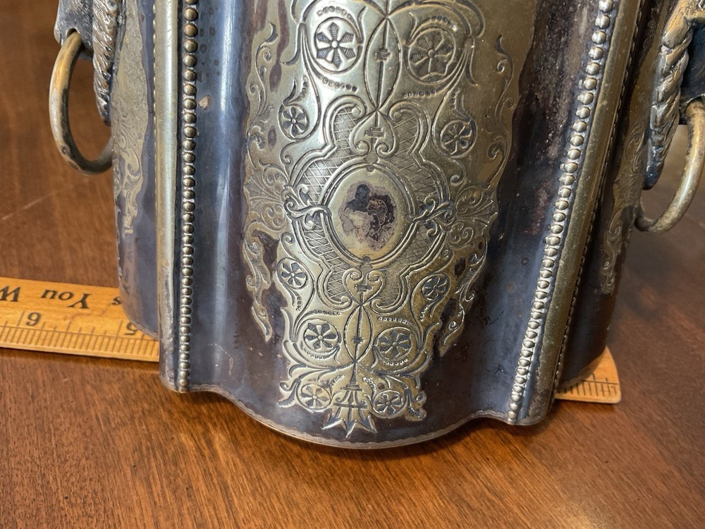 Antique Victorian Silverplate Silver Biscuit Tin / Tea Caddy Rams Head Etched