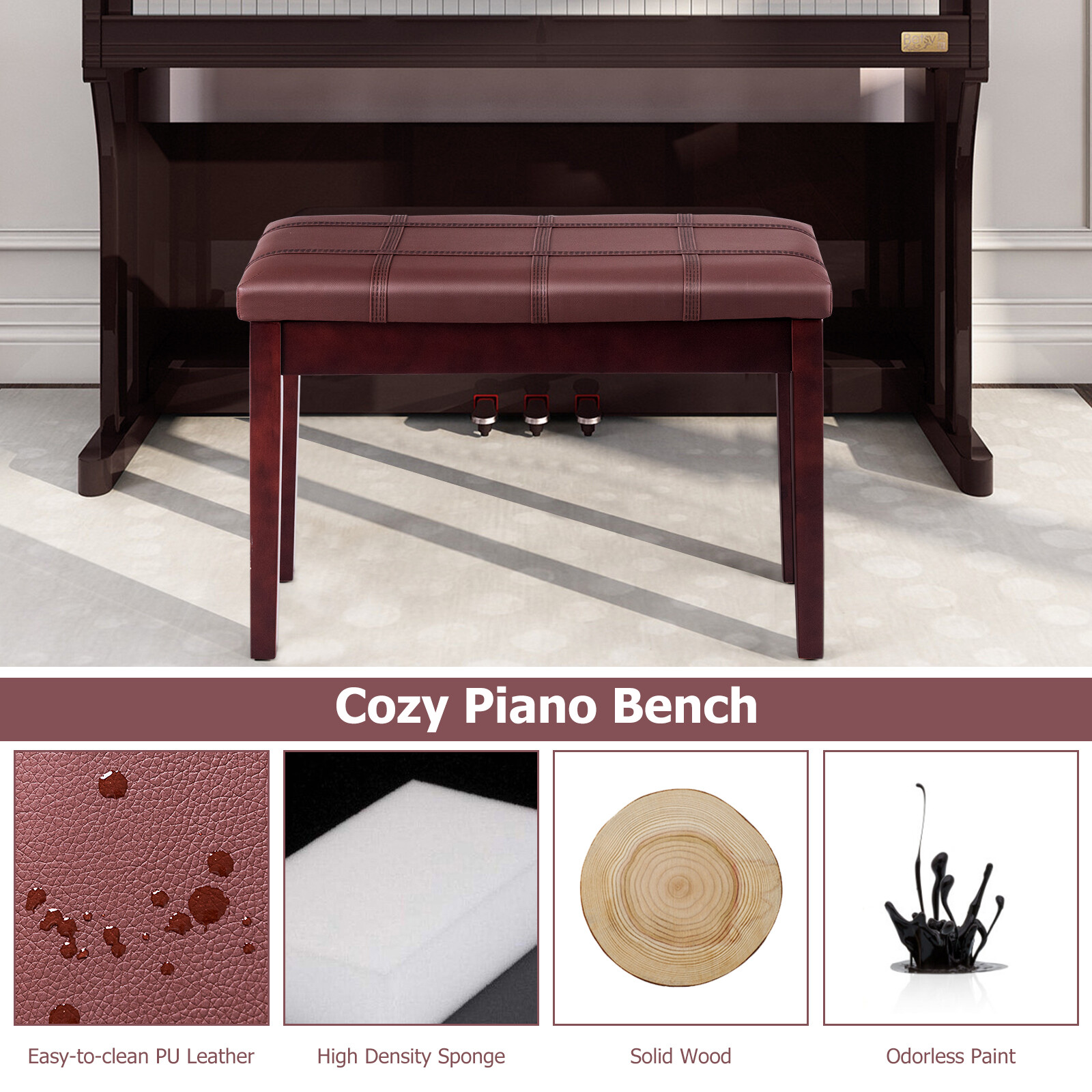 Solid Wood PU Leather Piano Bench Padded Double Duet Keyboard Seat Storage Brown