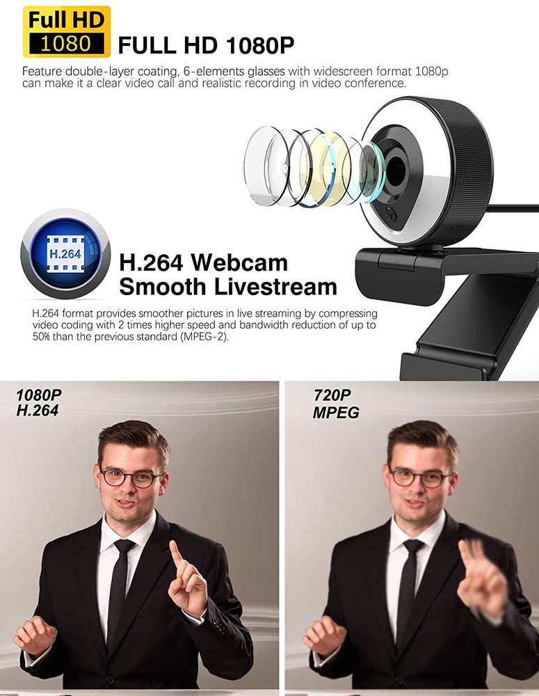 Webcam Streaming 1080P Full HD with Dual Microphone and Ring Light, USB Stream