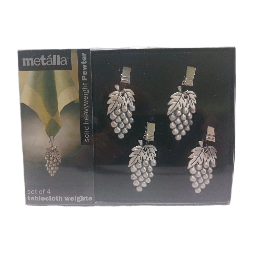 Metalla Tablecloth Weights Solid Pewter Heavyweight Clips Set 4 Grape Pattern