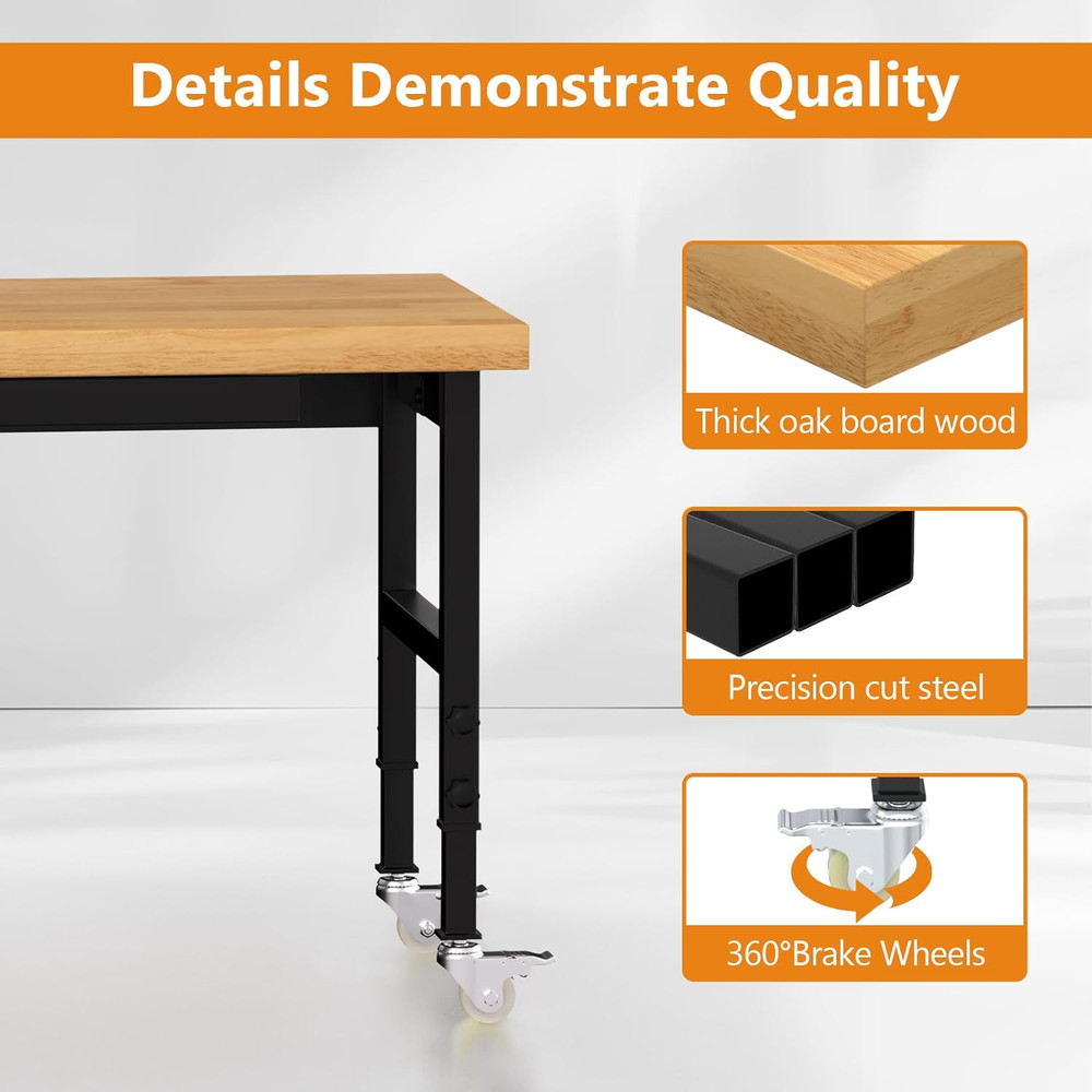 48" Heavy-Duty Solid Wood Work Bench with Drawers, Adjustable Height Workbench w