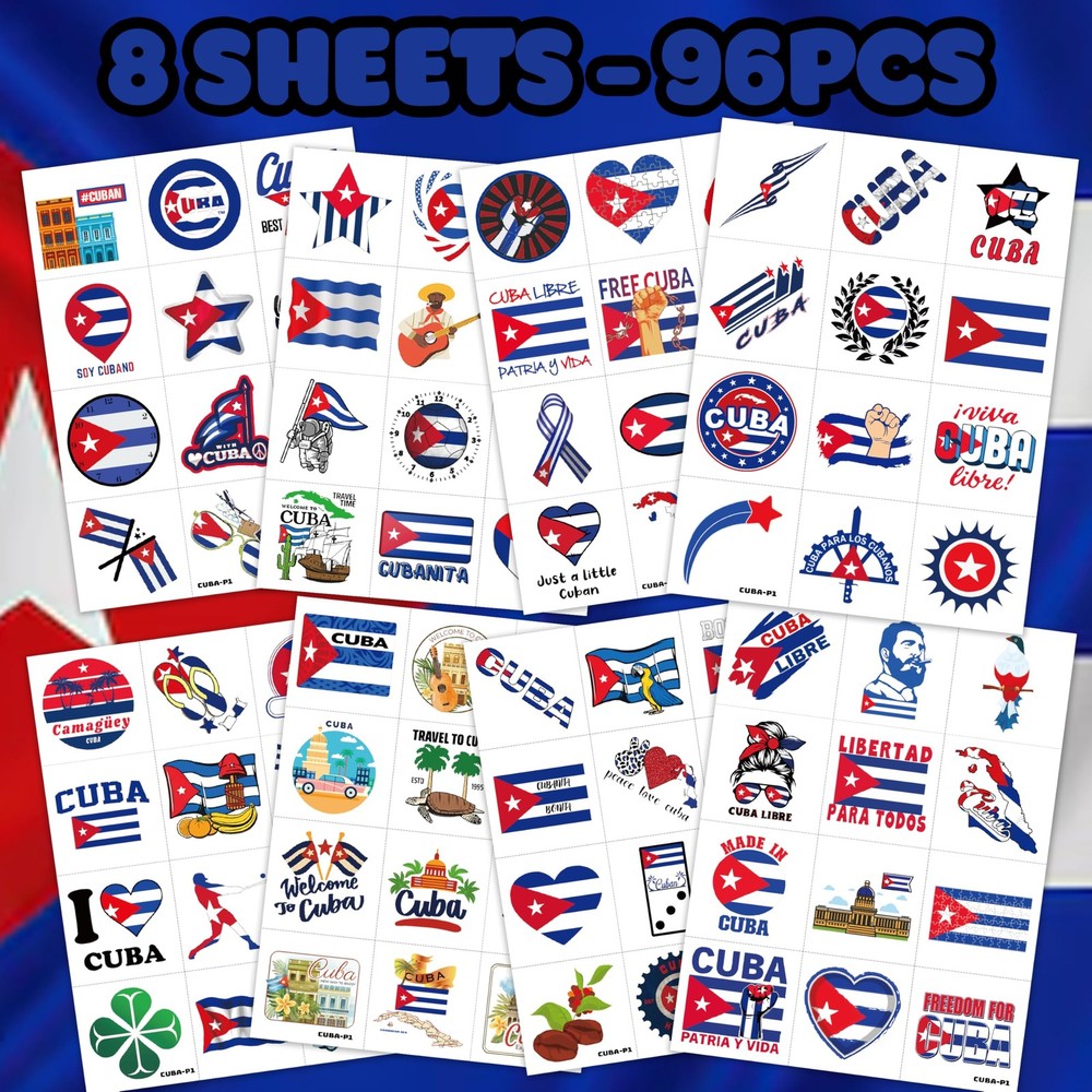 96 PCS Cuban Flag Pre-Cut Temporary Tattoos Cuba Birthday Medium, Multiple