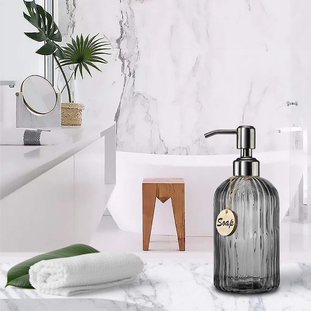 18 Oz Vertical Stripes Kitchen Soap Dispenser with 304 Rust Proof Stainless S...