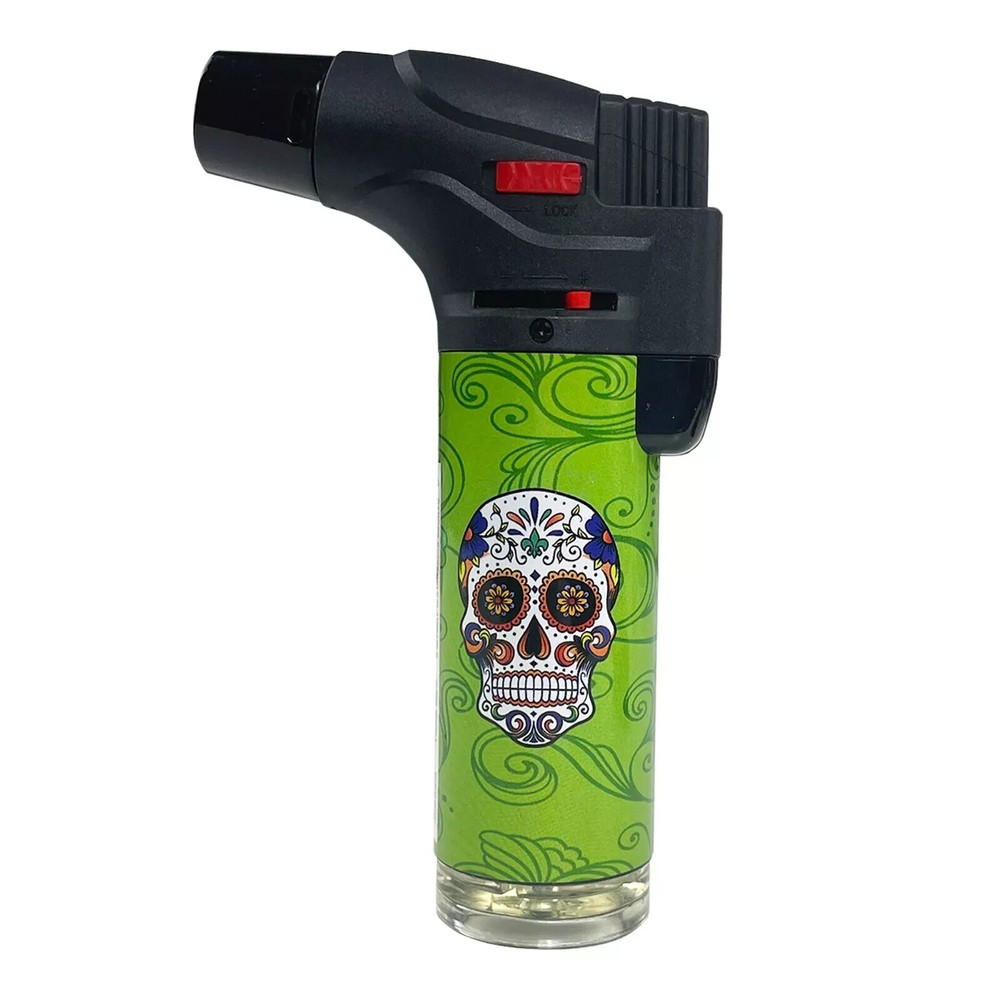 4 Pack Jumbo 4" Jet Flame Torch Gun Lighter Refillable Lockable Candy Skull