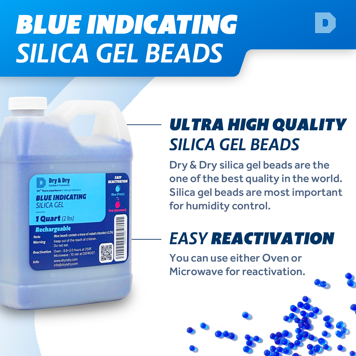 1 Quart Premium Blue Indicating Silica Gel Desiccant Beads(2 LBS) - Rechargeable