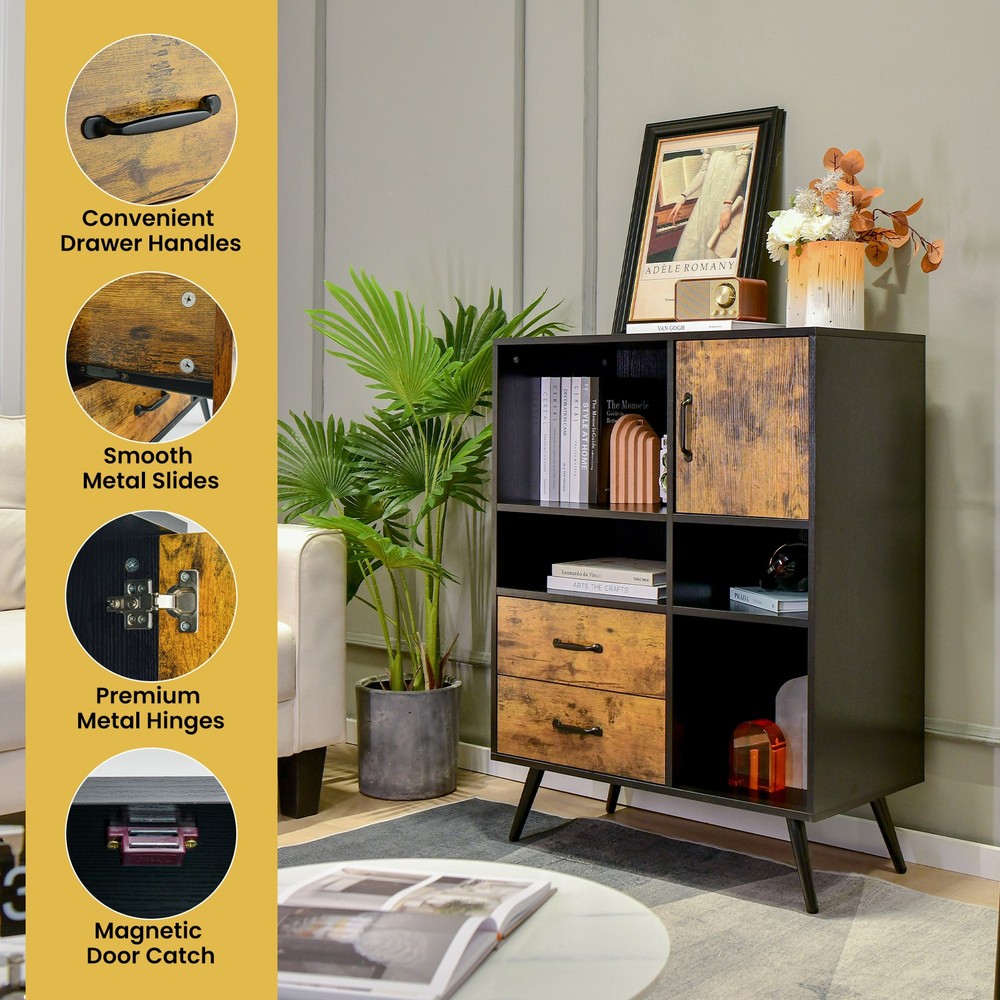 Buffet Cabinet w/ Spacious Tabletop & 2 Pull-out Drawers Rustic Brown Black