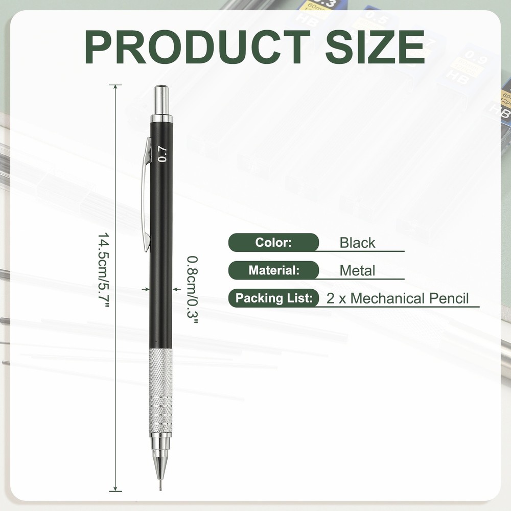 2Pcs Mechanical Pencil 0.7mm Medium Point for Drawing, Black