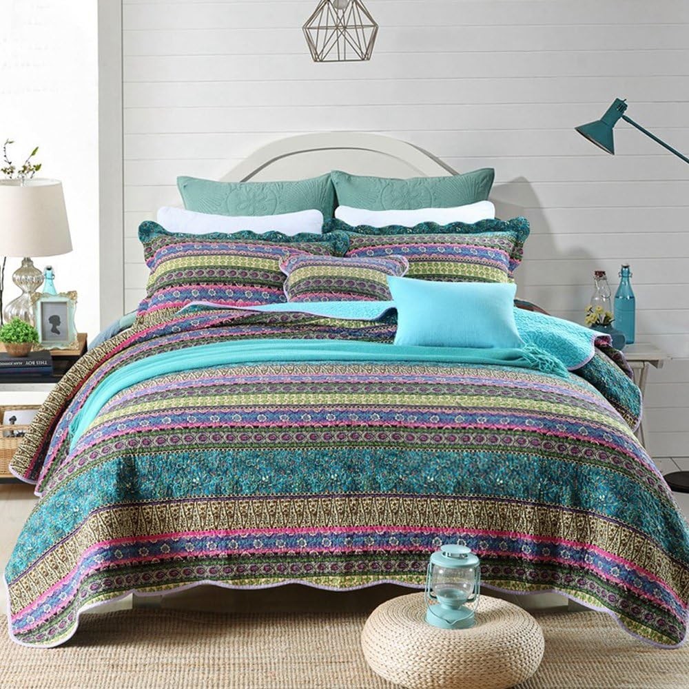 Striped Cotton Patchwork Bedspread Quilt Set