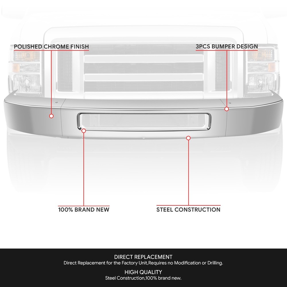 For 2008-2019 Ford E150 E250 E350 E450 SD Front Bumper Face Bar Chrome Steel