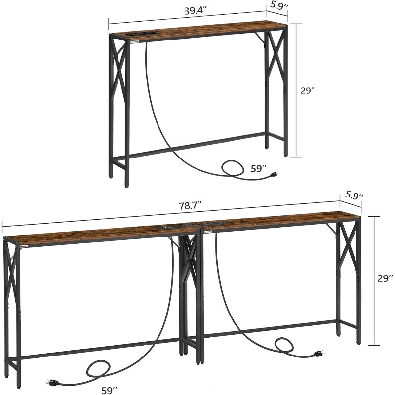 Narrow Sofa Table with Charging Station, 2 Pack Skinny Console Table, Slim