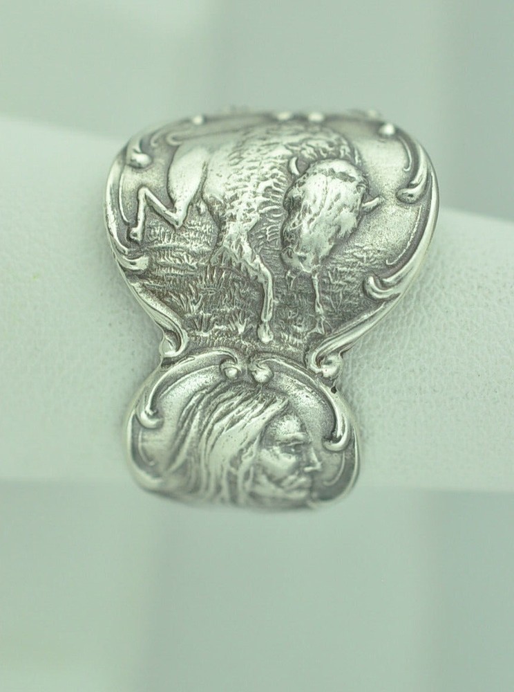 Solid 925 Sterling Silver Native American Bison Adjustable Spoon Ring