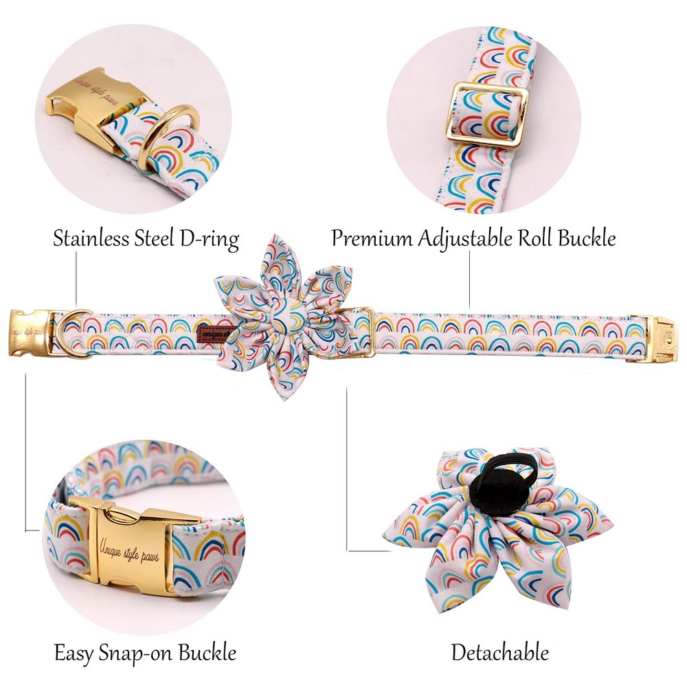 Paws Flower Dog Collar X-Small Adjustable Rainbow Floral Pattern Durable