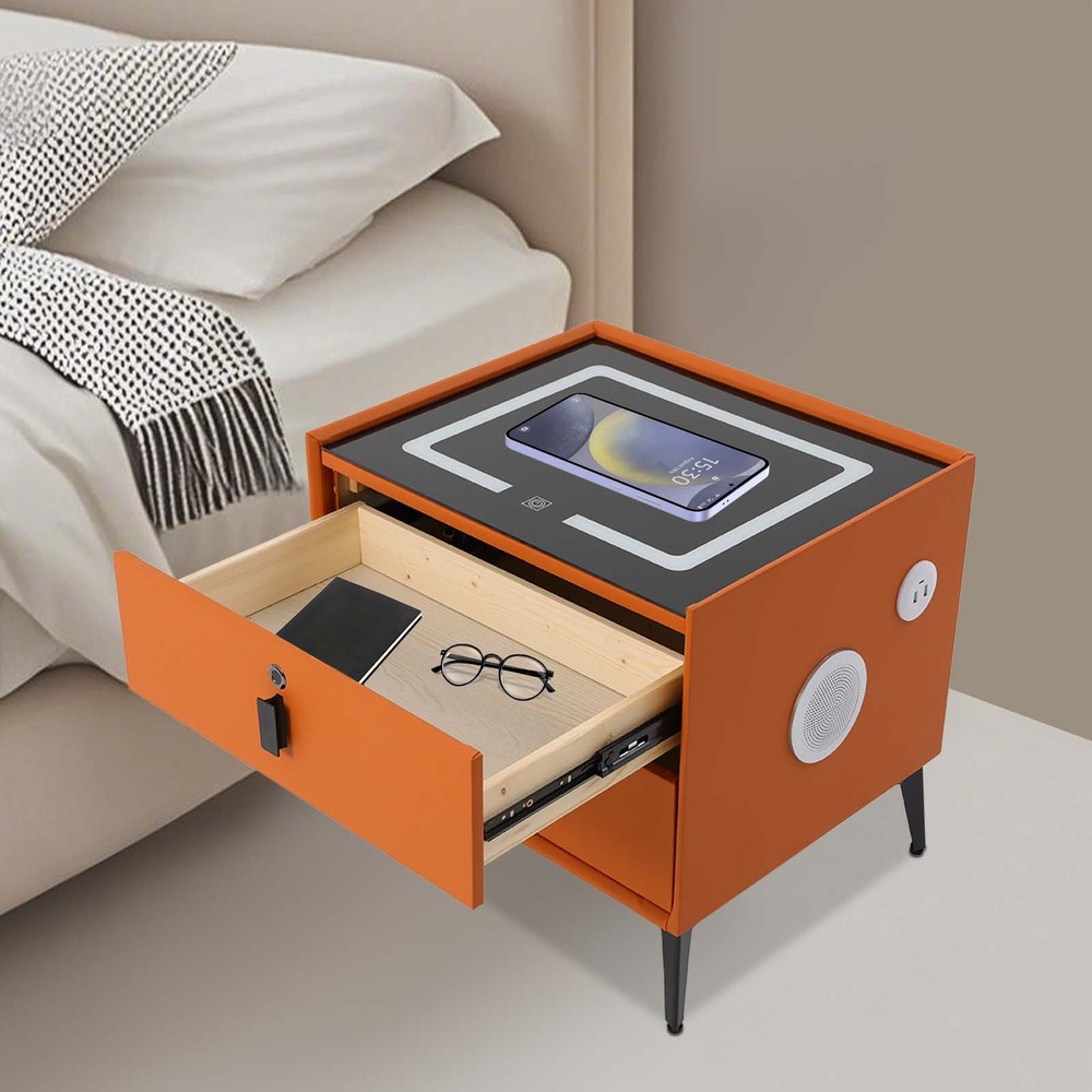 Bedside Table Bluetooth Speaker Smart Nightstand w/ Light USB&Wireless Charging