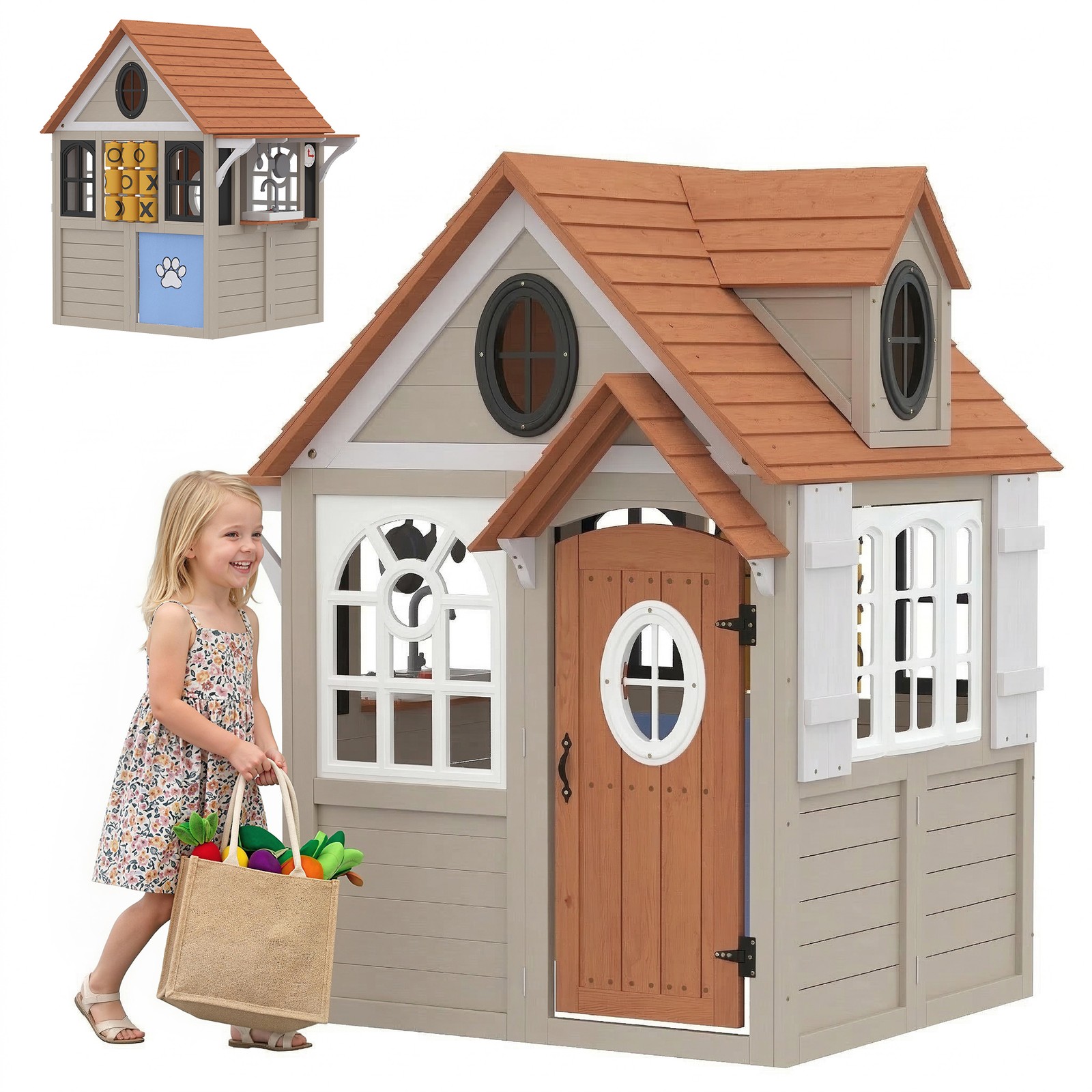 Qaba Outdoor Wooden Playhouse with Dog Door, Cookware, Blackboard, Clock