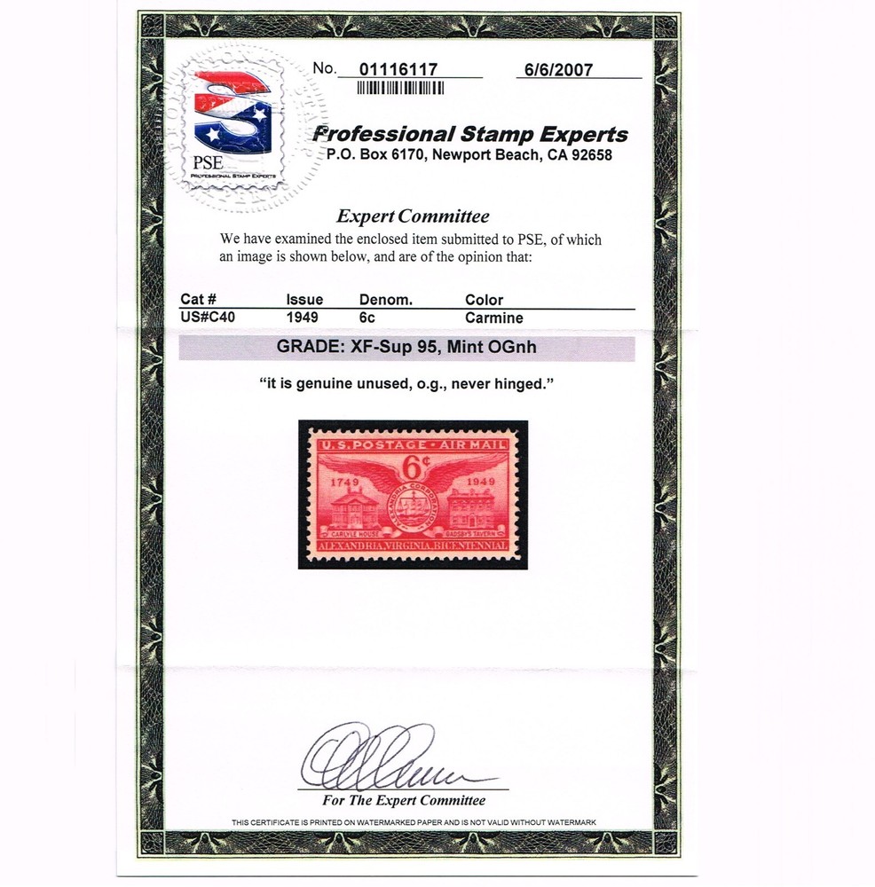 EXCEPTIONAL GENUINE SCOTT #C40 MINT PRISTINE OG NH PSE CERT GRADED XF-SUPERB-95