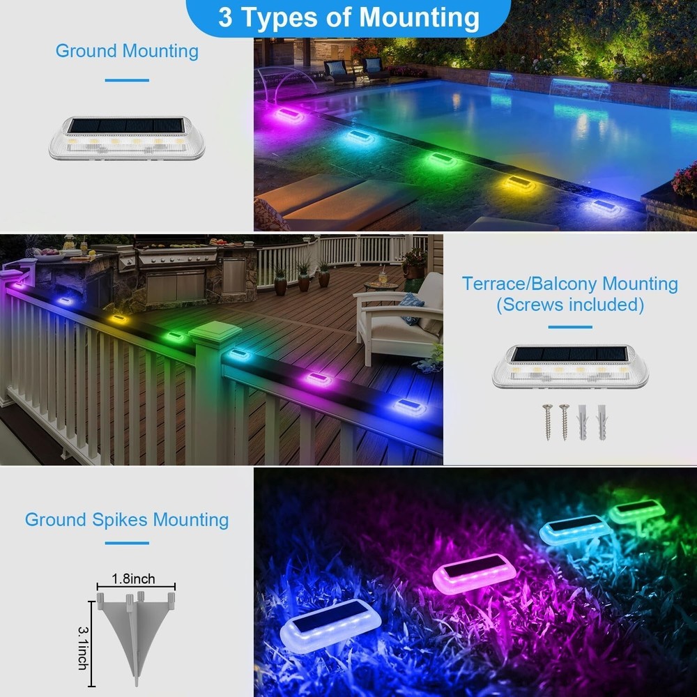 4Pcs Solar Deck Lights LED Driveway Light Dock Light Multicolor Garden Step Lamp