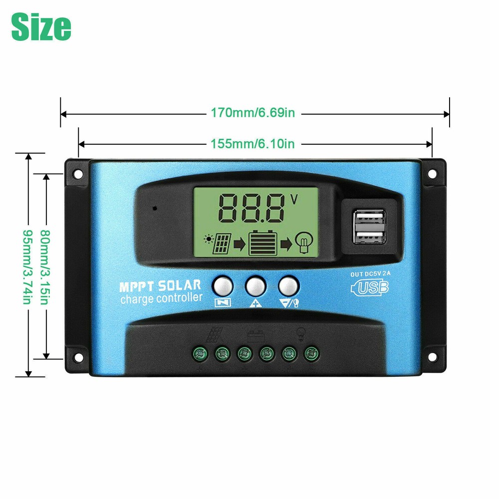 100A MPPT Solar Panel Controller Charge Regulator 12V/24V Battery Auto LCD USB