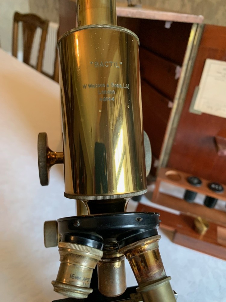 Vintage W. Watson & Sons Ltd - Bactil Monocular Brass Microscope - c1930, Cased