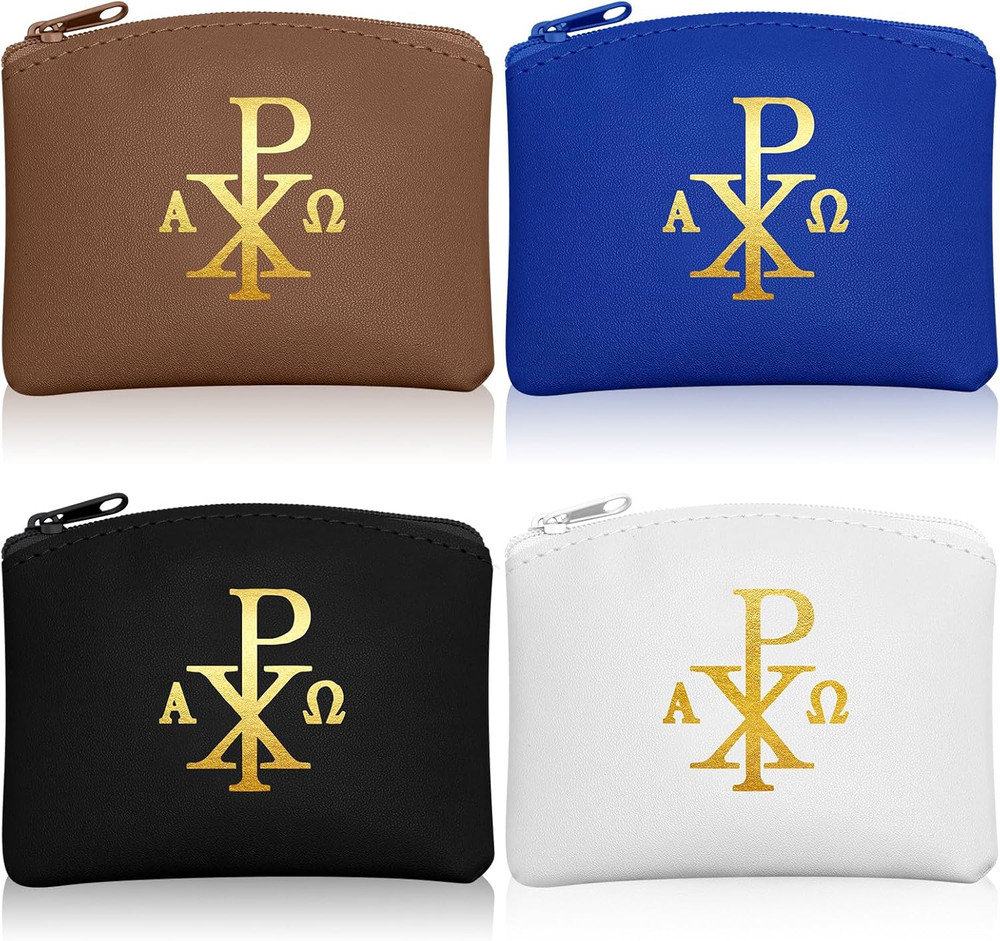 4 Pcs Rosary Pouch Catholic with Gold Cross PU Leather Rosary Case for Women and