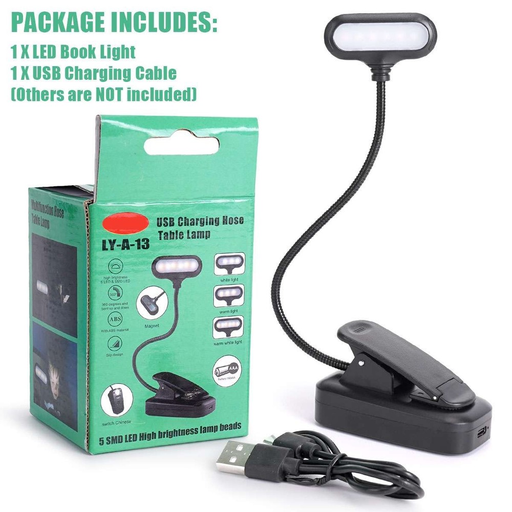 Rechargeable Book Light Mini LED Reading Light Flexible Easy Clip Lamp Portable