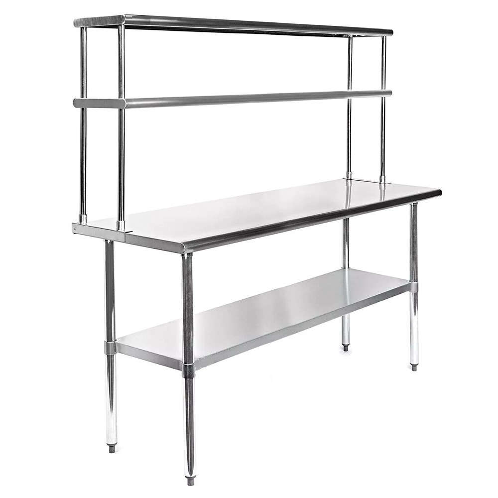 Kitchen Prep Stainless Steel Work Table w/ Double Overshelf, Commercial NSF