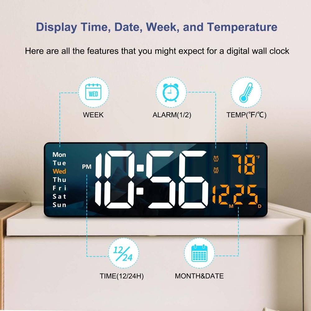 Digital Wall Clock Large Display, 16.2 Inch , LED Digital Clock with Remote C...