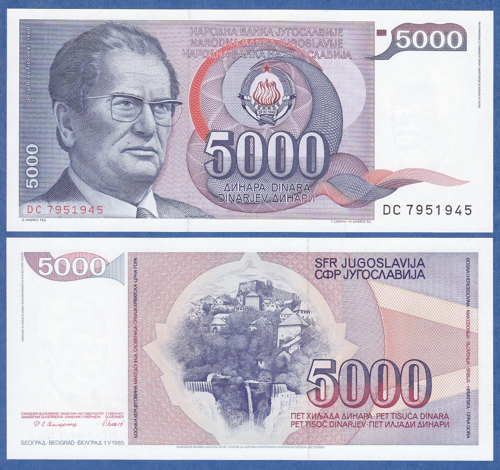 Yugoslavia 5000 Dinara P 93a 1985 UNC ( P 93 a )  Josip Broz Tito