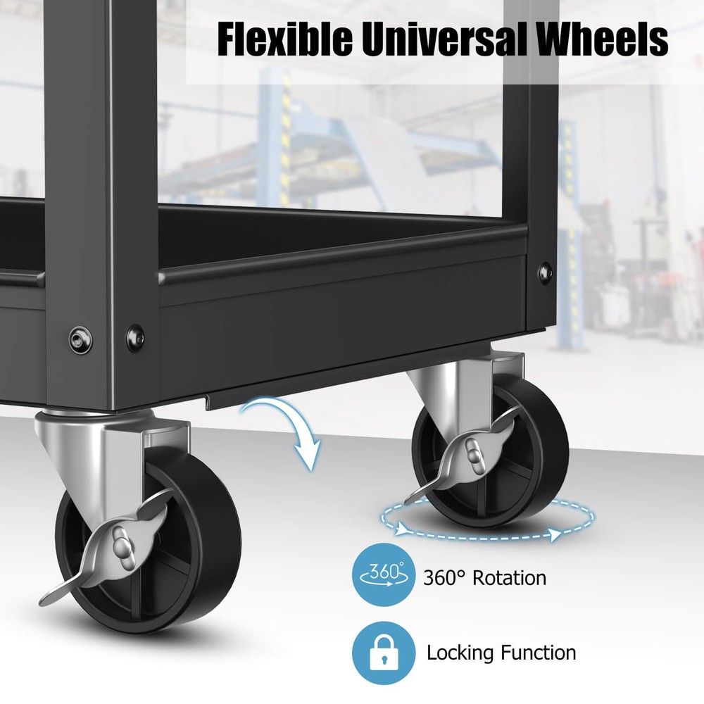 3-Layer Rolling Service Utility Cart with Flat Handle 2 Lockable Universal Wheel