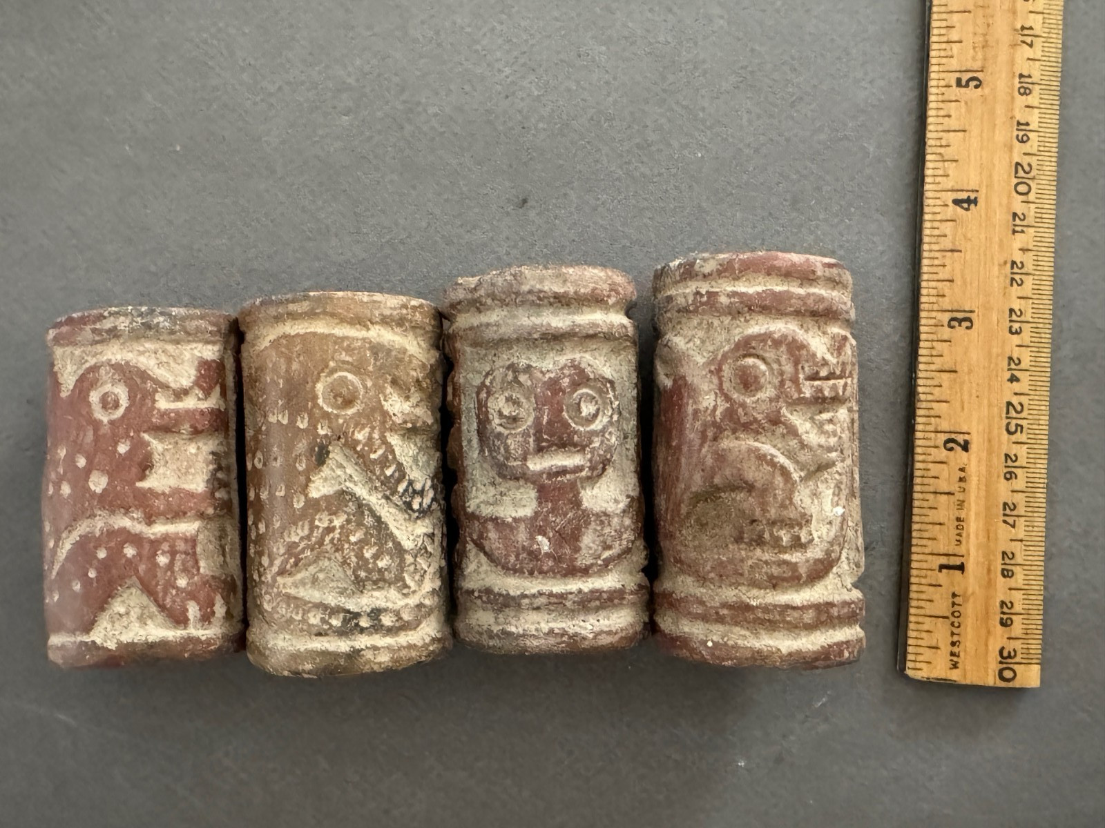 LOT OF 4 LATIN AMERICAN ANIMAL POTTERY CLAY ROLLER STAMPS CYLINDER SEALS ANTIQUE