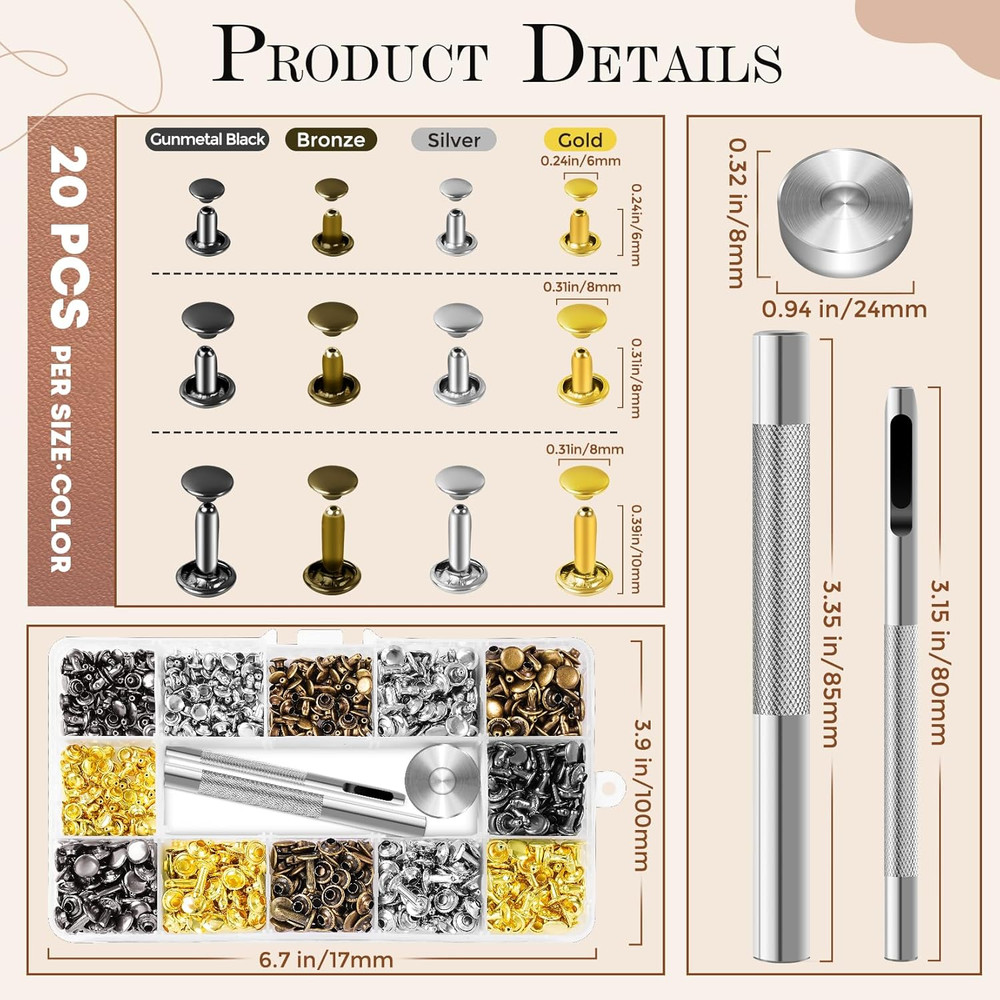 240 Sets Leather Rivets Kit, Double Cap Brass Rivets Leather Studs with 3PCS Set