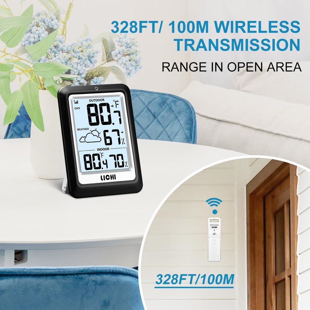 Wireless Indoor Outdoor Thermometer Hygrometer, 330ft Range, Backlight Display