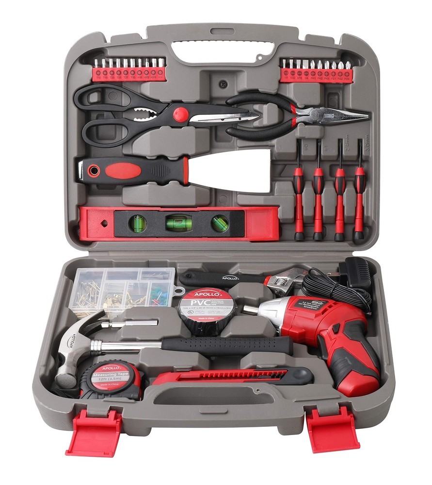 Apollo Tools 135 Piece Household Tool Set with Pivoting 135-Piece, Red