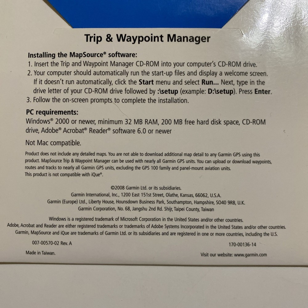 Garmin MapSource Trip Waypoint Manager CD v5.0 Windows 2000 XP 7